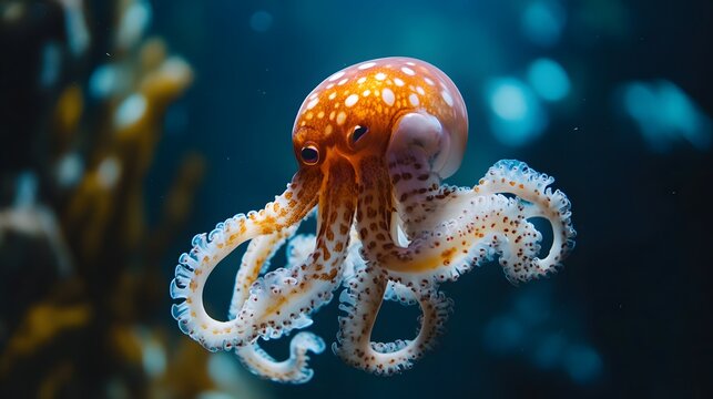 An orange and white octopus with large eyes swims in a blue aquarium with coral.
