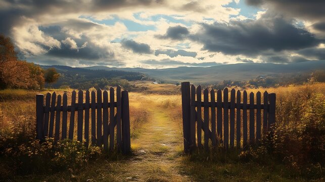 An open wooden gate leading to a path through a field with a distant mountain range and a cloudy sky.