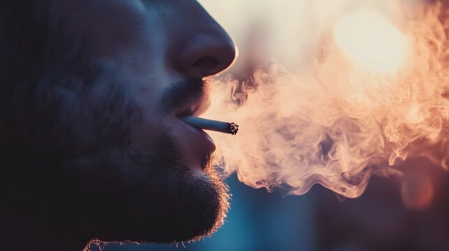 Close-up of a man smoking a cigarette with smoke billowing out in front of him.