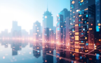 Fintech with blurred city abstract lights background , isolated on white background,  , copy space, copy space for text,. High quality