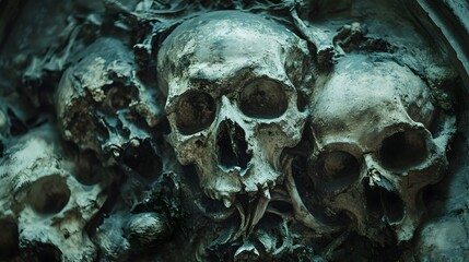 Close-up of a weathered stone sculpture of several skulls arranged together, with a dramatic dark green background.
