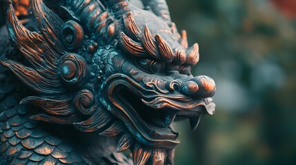 Close-up of a weathered, bronze dragon statue with intricate details and a fierce expression.