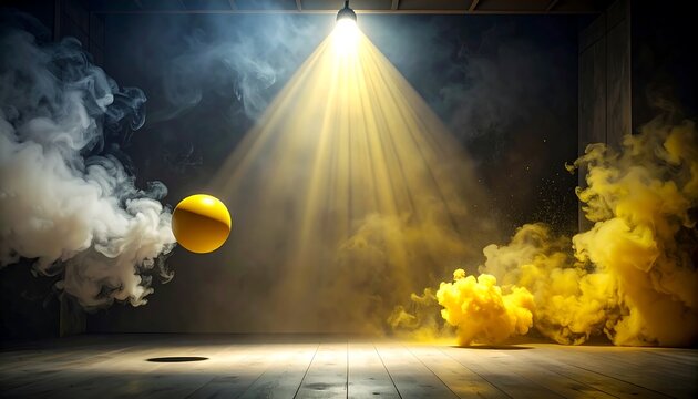 A yellow sphere hovers amidst vibrant yellow and white smoke in a darkened room, illuminated by a single overhead light. The scene's surreal