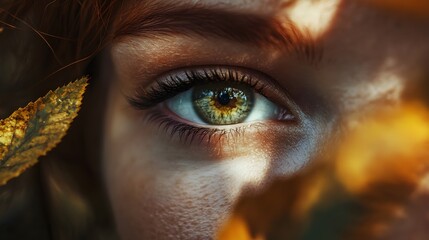 Close-up of a woman's green eye with autumn leaves in the background.