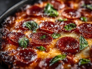 Delicious pepperoni pizza with fresh basil leaves sits appetizingly on a rustic dark metal baking sheet now.