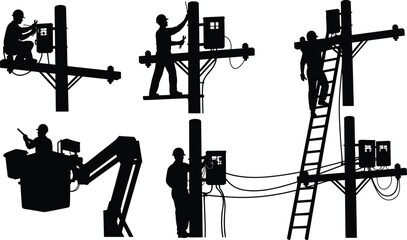 Silhouettes of utility workers on poles, vector illustration of electrical and telecom maintenance tasks using ladders, lifts, and platforms