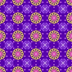 Vibrant Purple Seamless Floral Pattern with Yellow and White Abstract Swirls, Bohemian Tiled Fabric Background, Retro Pop Art Style Wallpaper Texture