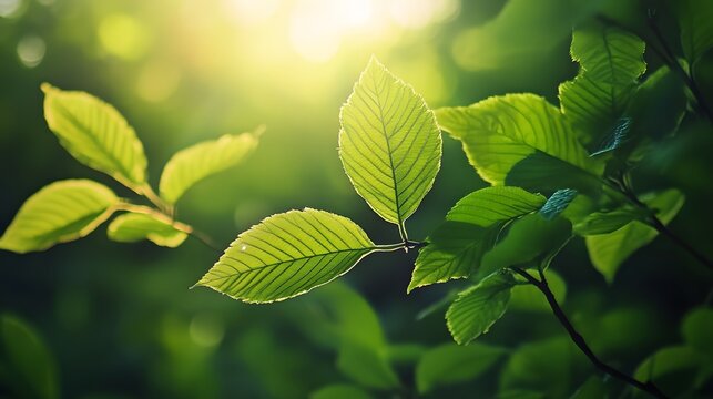Close-up of lush green leaves illuminated by warm sunlight in a forest setting.