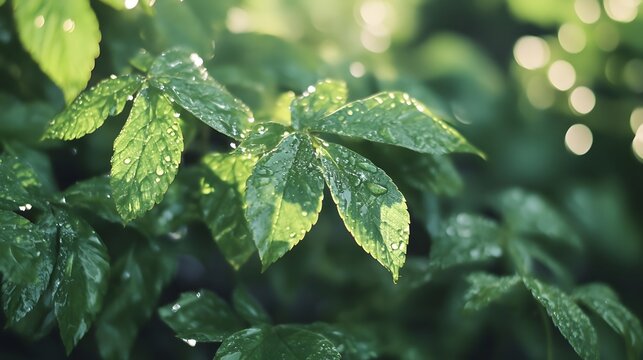 Close-up of vibrant green leaves with dew drops glistening in the sunlight.