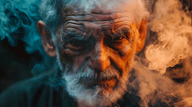 Close-up portrait of a senior man with a white beard, surrounded by colorful smoke.