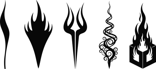 Silhouettes of stylized flame designs, vector illustration of abstract fire shapes for tattoo, graphic art, and symbolic decoration