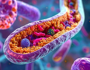 Close-up medical illustration depicting a cross-section of a vessel, showcasing various cellular structures in a macro view