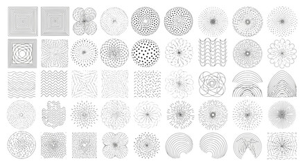 Large collection of diverse abstract graphic elements and patterns in black and white, featuring geometric shapes, lines, dots, and organic forms