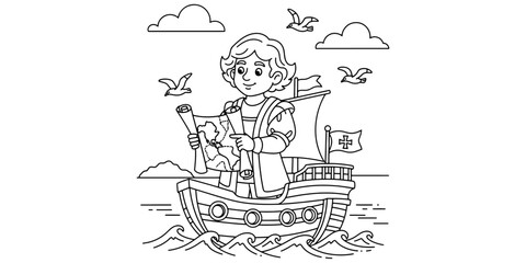 Young Christopher Columbus on His Ship – Fun Kids Coloring Page