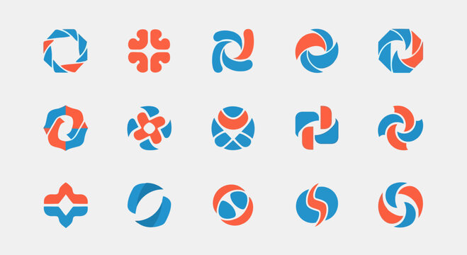 Collection of abstract circular logo designs and icons featuring geometric shapes and swirling patterns in blue and orange color combinations