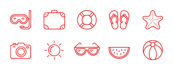 Summer Vacation Icons: Snorkel, Suitcase, Lifebuoy, Flip-flops, Starfish, Camera, Sun, Sunglasses, Watermelon, Beach Ball