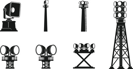 Silhouettes of stadium and industrial floodlight towers, vector illustration of outdoor lighting structures for large-scale illumination and infrastructure