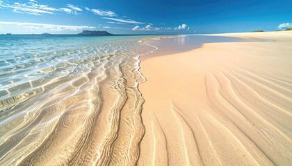 Golden sand beach meeting crystal clear turquoise ocean waves under a bright blue sky with scattered clouds and distant landmass visible on the horizon