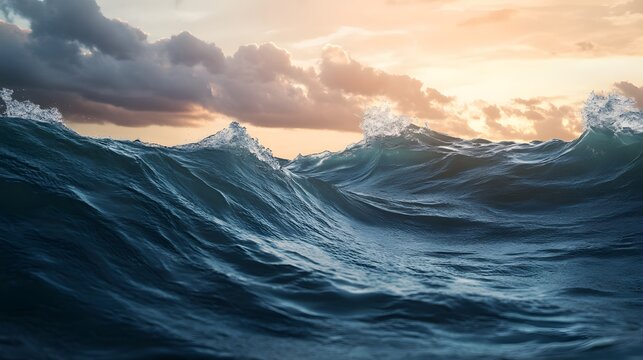 Dramatic ocean waves crashing against a cloudy sky at sunset.