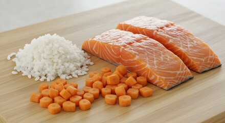 Salmon rice and carrots arrangement on wooden surface