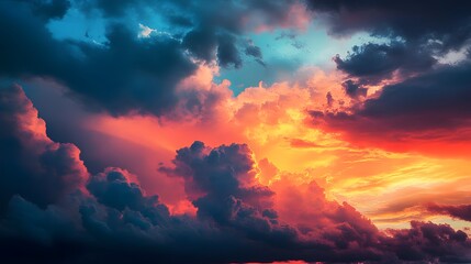 Dramatic sunset sky with fiery clouds and dark blue clouds.