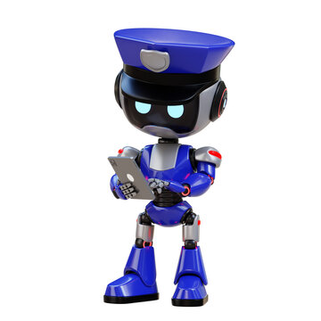 3D Cute Police Robot Working and Touching a Tablet