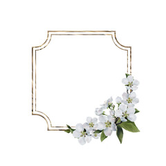 Watercolor square frame with golden outline and white apple blossoms at the bottom on white background, suitable for wedding invitations, greeting cards, posters and spring designs