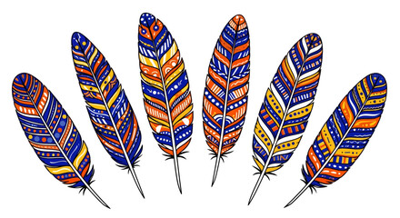 Set of six colorful bohemian style feathers with intricate patterns and tribal motifs