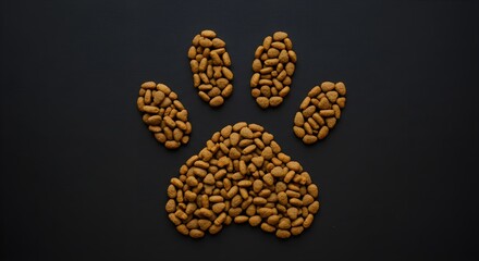 Paw print made of pet food on black surface