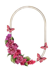 Watercolor oval frame with golden outline, pink-violet violets and butterflies on white background, suitable for romantic cards, wedding invitations and label design