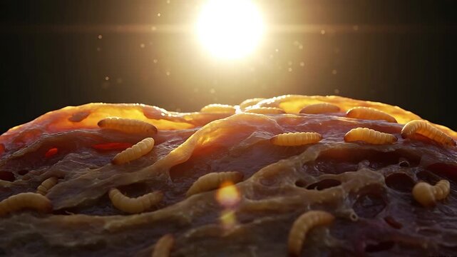 Close-up of maggots crawling on decaying meat under sunlight, capturing detail and texture with