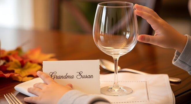 Childs Hand Touches Place Setting with Name Card "Grandma Susan" and Wine Glass