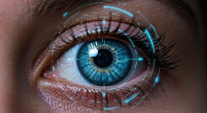 Digital targeting overlay illuminates a human eye with a vivid blue iris