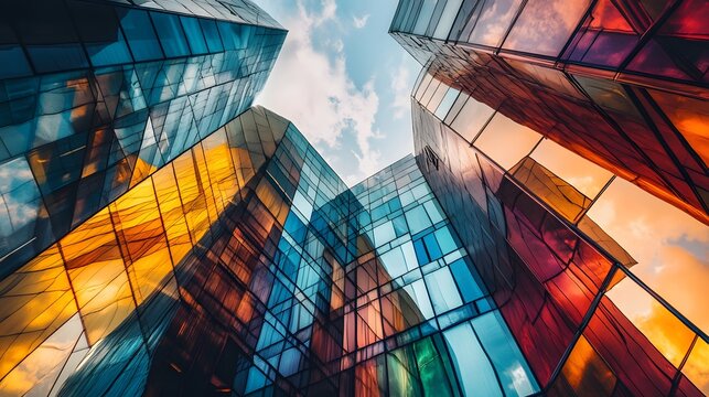 Low angle view of modern glass skyscrapers with colorful reflections,  blue sky and clouds in the background. - Powered by Adobe