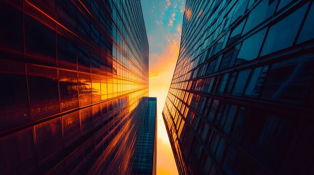 Low angle view of skyscrapers with a dramatic sunset sky reflecting in their glass facades. - Powered by Adobe