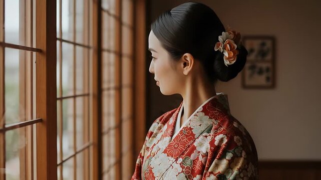 Elegant Japanese woman in traditional kimono gazing out the window with thoughtful expression,