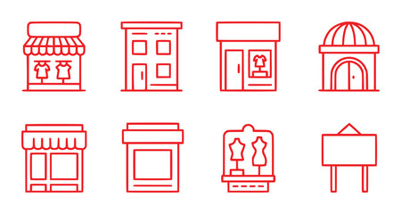 Collection of Red Line Art Icons Representing Various Shops and Buildings