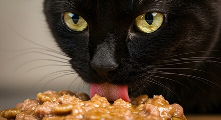 Black cat eating food close up