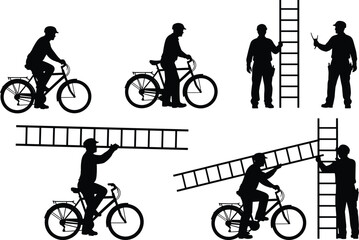 Silhouettes of person, bicycle, and ladder in sequential actions, vector illustration of humorous problem-solving and outdoor character scenes