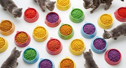 Cats and colorful food bowls on white background