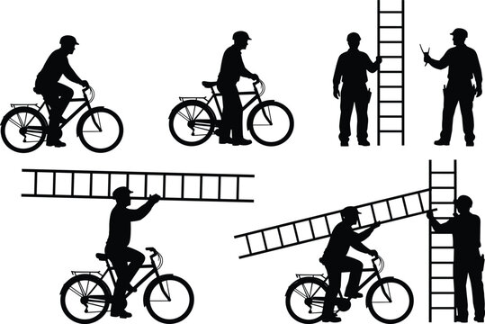 Silhouettes of person, bicycle, and ladder in sequential actions, vector illustration of humorous problem-solving and outdoor character scenes