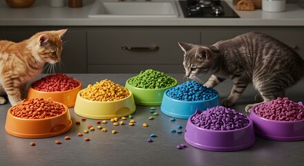 Cats examining colorful food bowls