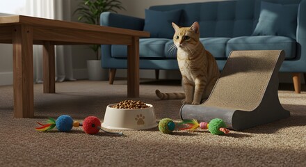 Domestic cat near scratching post and food bowl