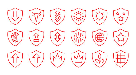 Collection of Red Shield Icons with Various Symbols on White Background