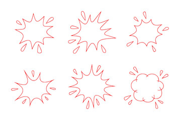 Collection of six red outline comic book style explosion and splash shapes