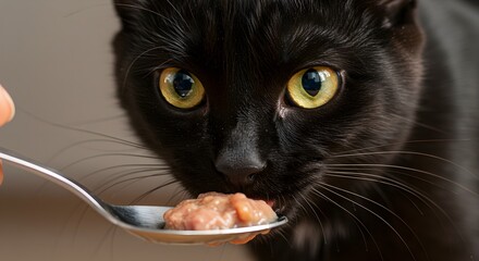 Black cat eating food from spoon