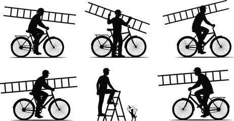 Silhouettes of person transporting ladder by bicycle and standing with dog, vector illustration of humorous outdoor scenes and tools