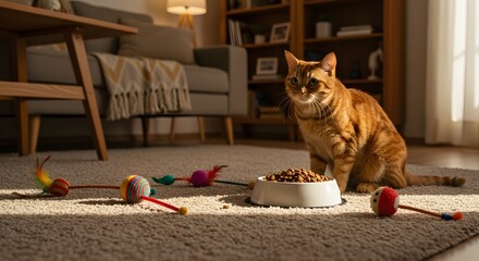 Domestic cat near food bowl on rug in living room