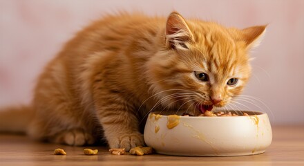 Orange kitten eating from a bowl