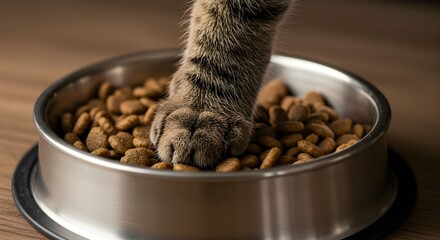 Cat paw reaches into food bowl